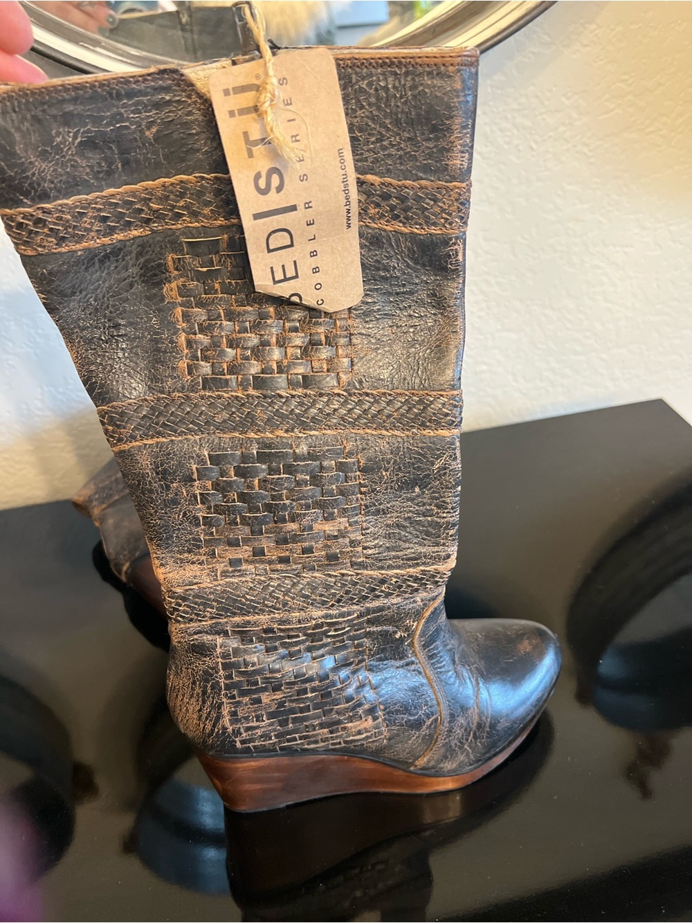 BED|STU Distressed Black with Brown Woven Leather Mid-Calf Wedge Boots